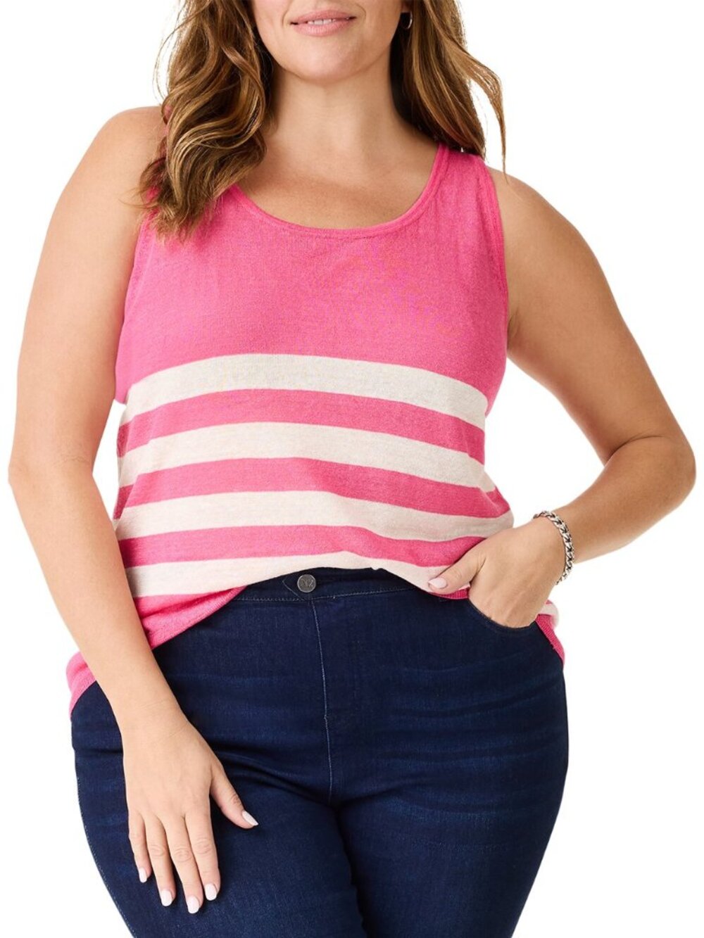 NEW NWT NIC+ZOE Plus Featherweight Pink White Striped Linen-Blend Tank Top